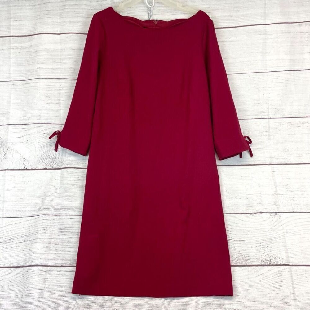 Talbots 8 Bow Cuff Shift Dress Scallop Hem Cranberry Red Elevated Basic Holiday